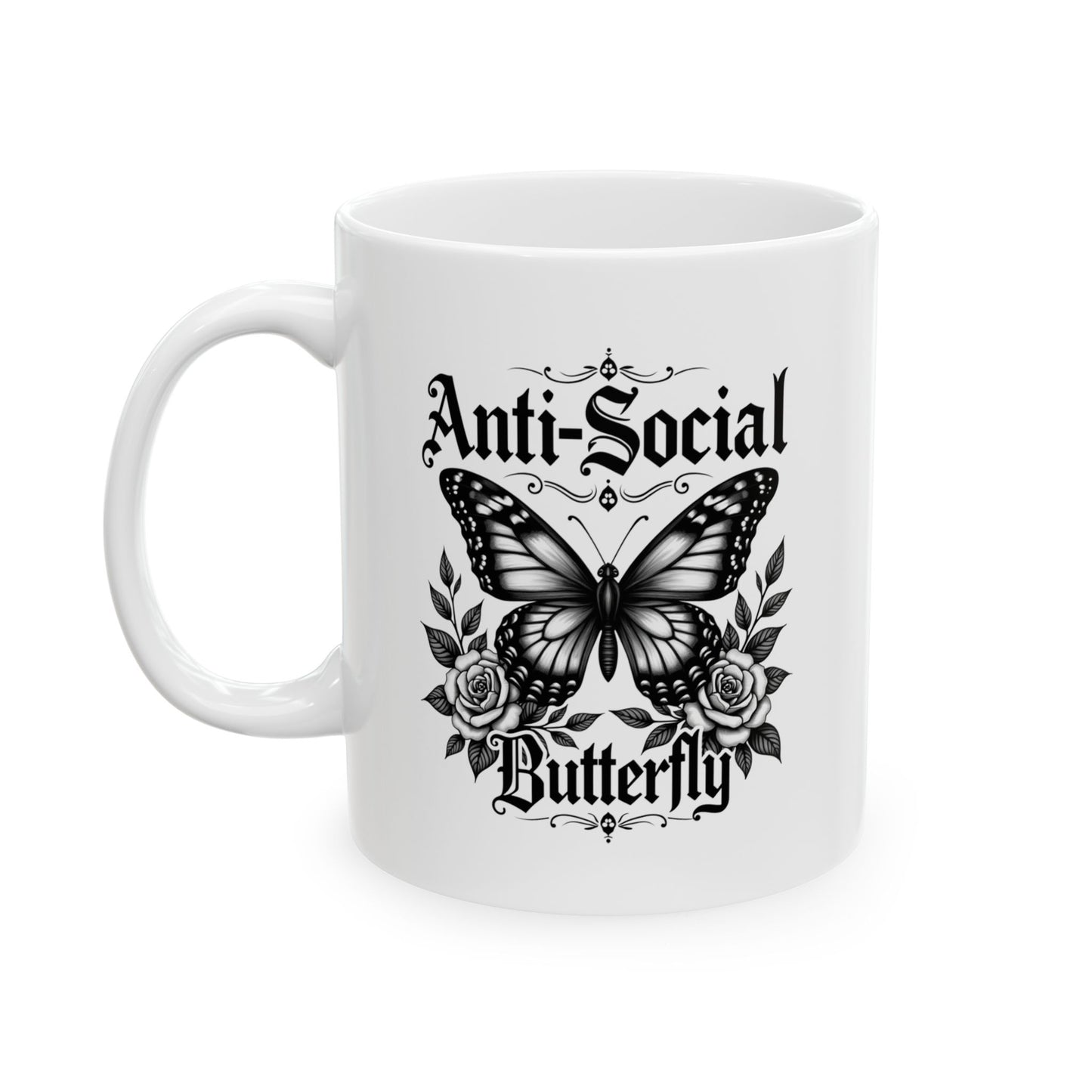 Black Floral Anti-Social Butterfly Ceramic Mug