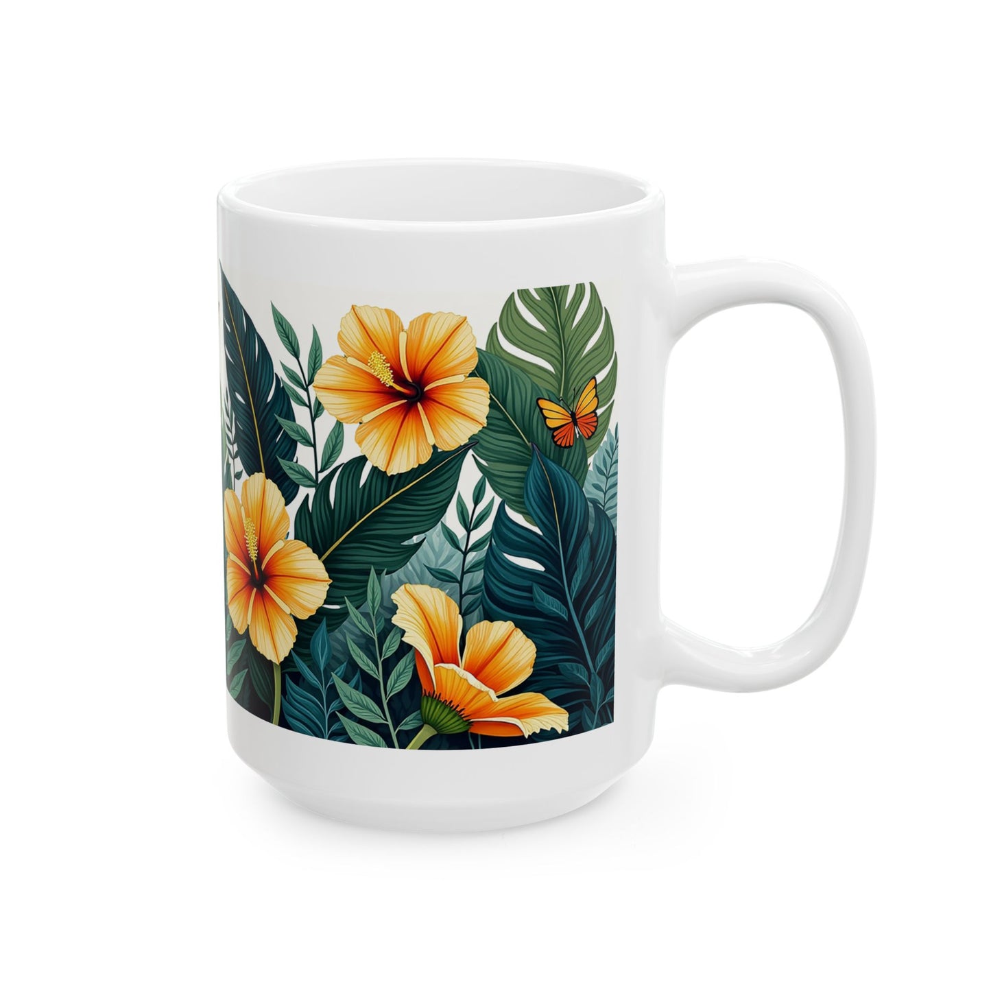 Tropical Floral Mug 2 - Hibiscus, Butterfly and Foliage