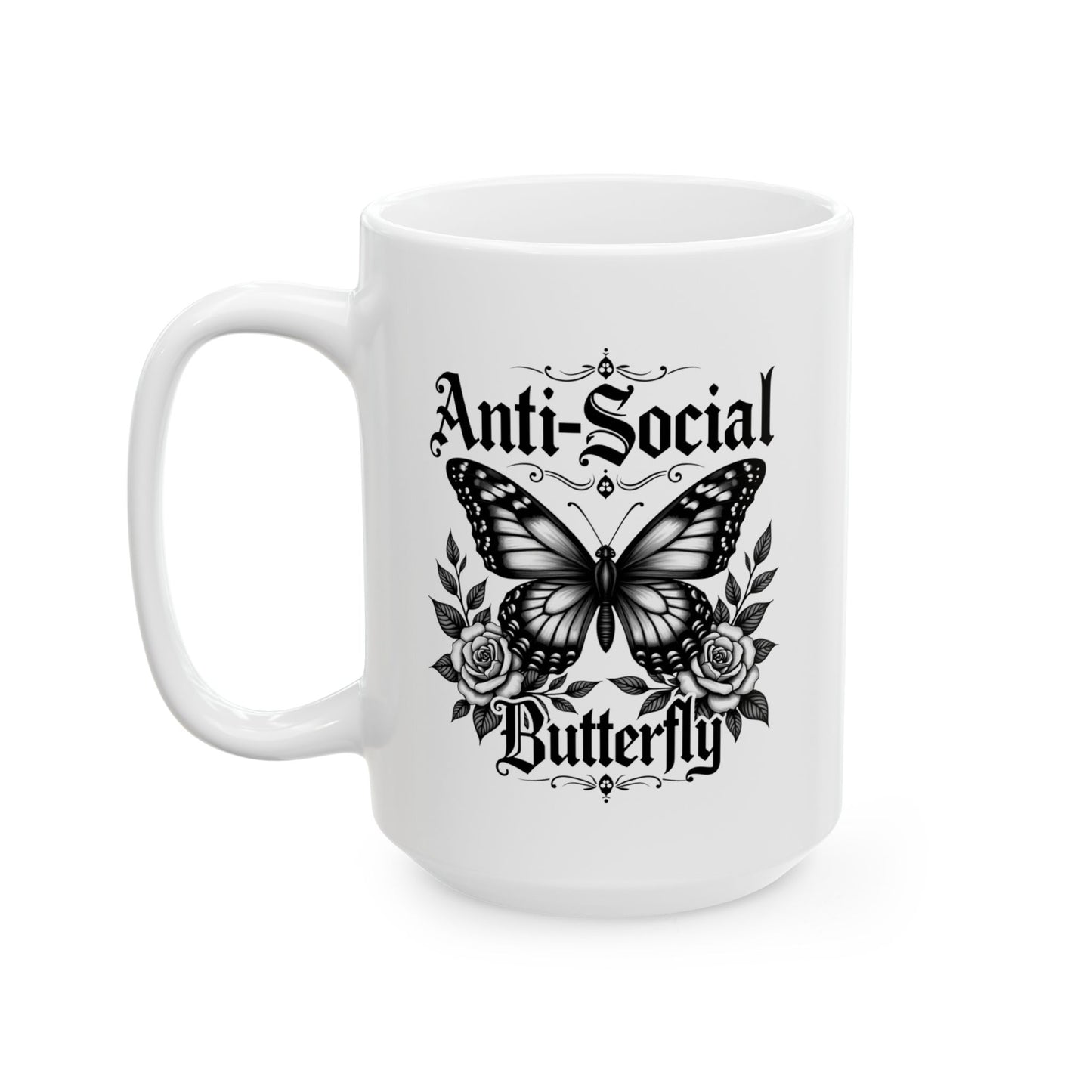Black Floral Anti-Social Butterfly Ceramic Mug