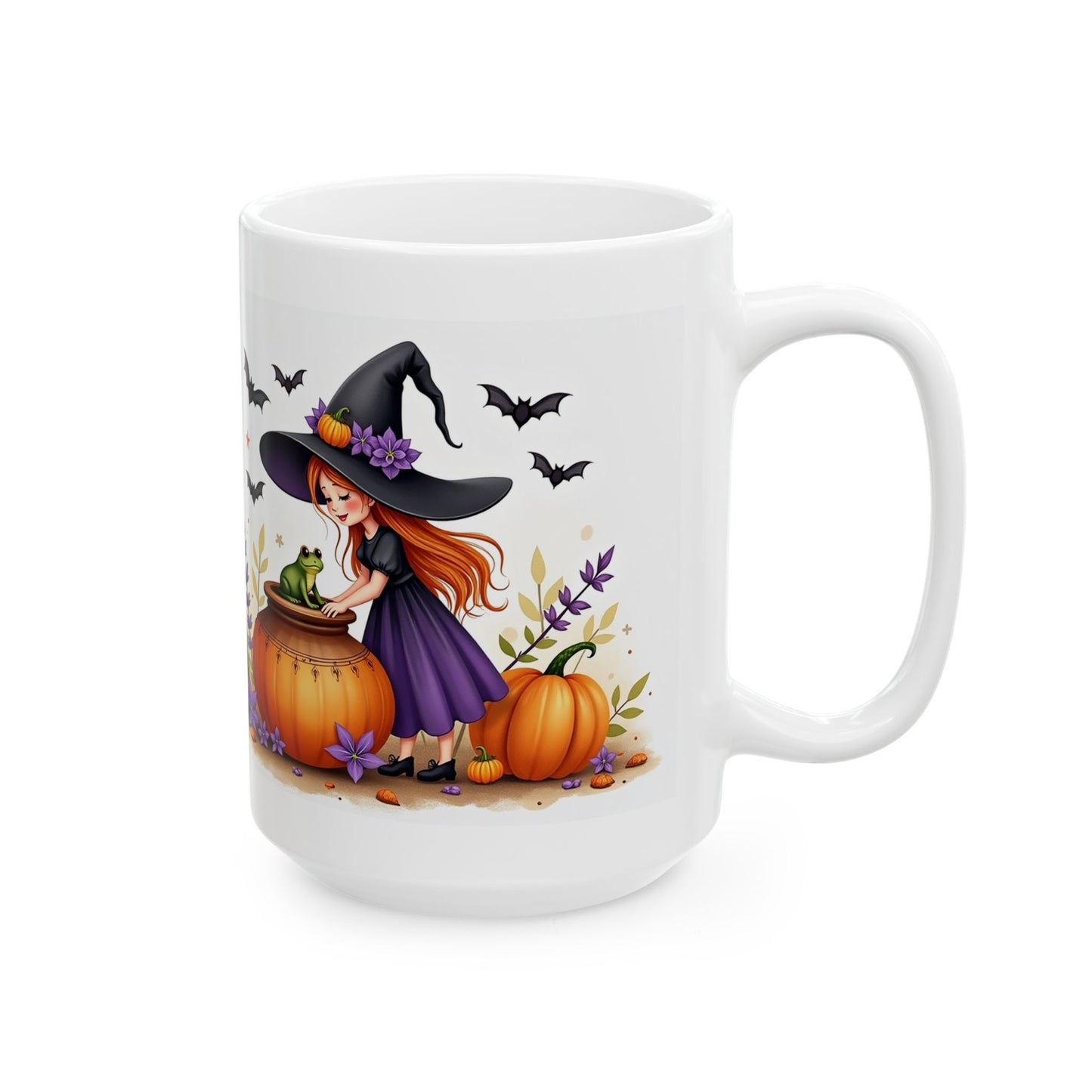 Halloween Witch Ceramic Mug - Witch, Frogs, Bats, and Cats.
