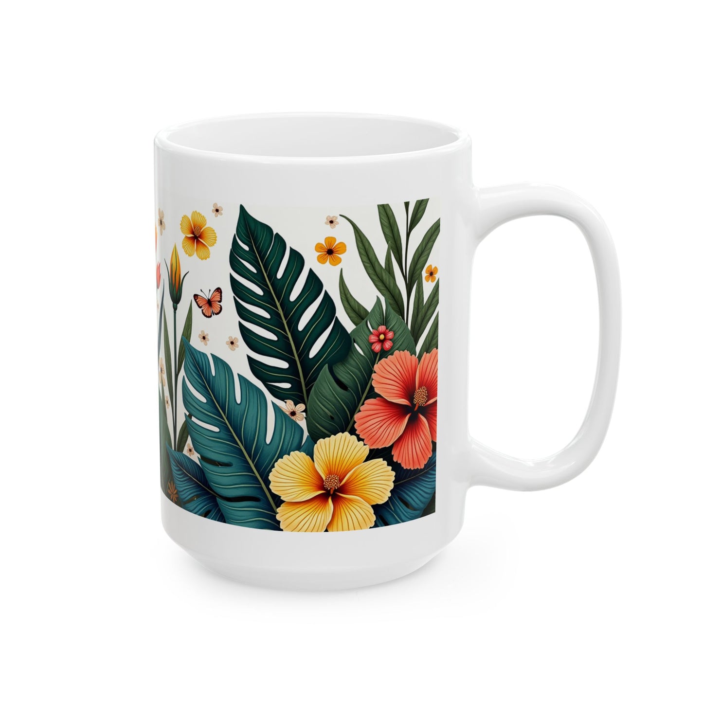 Tropical Floral Mug 1 - Hibiscus, Butterfly and Foliage