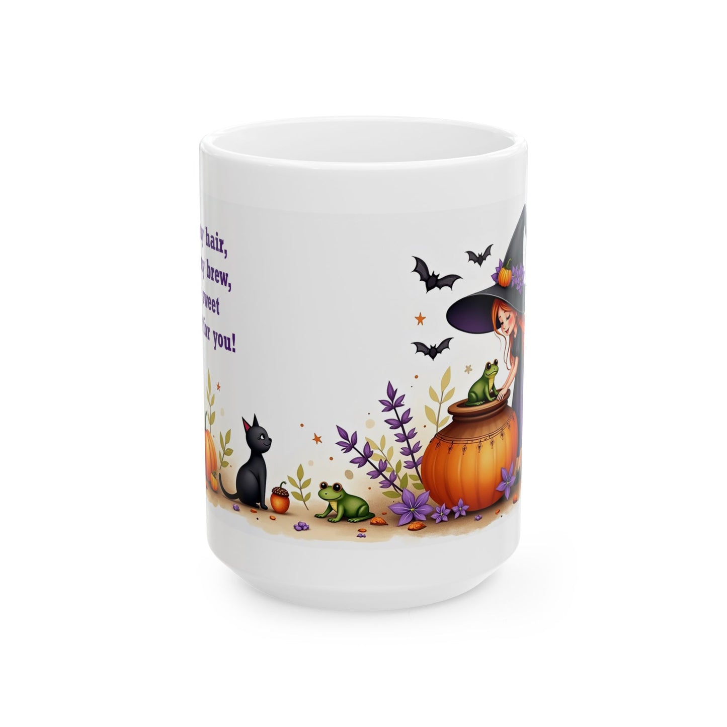 Halloween Witch Ceramic Mug - Witch, Frogs, Bats, and Cats.