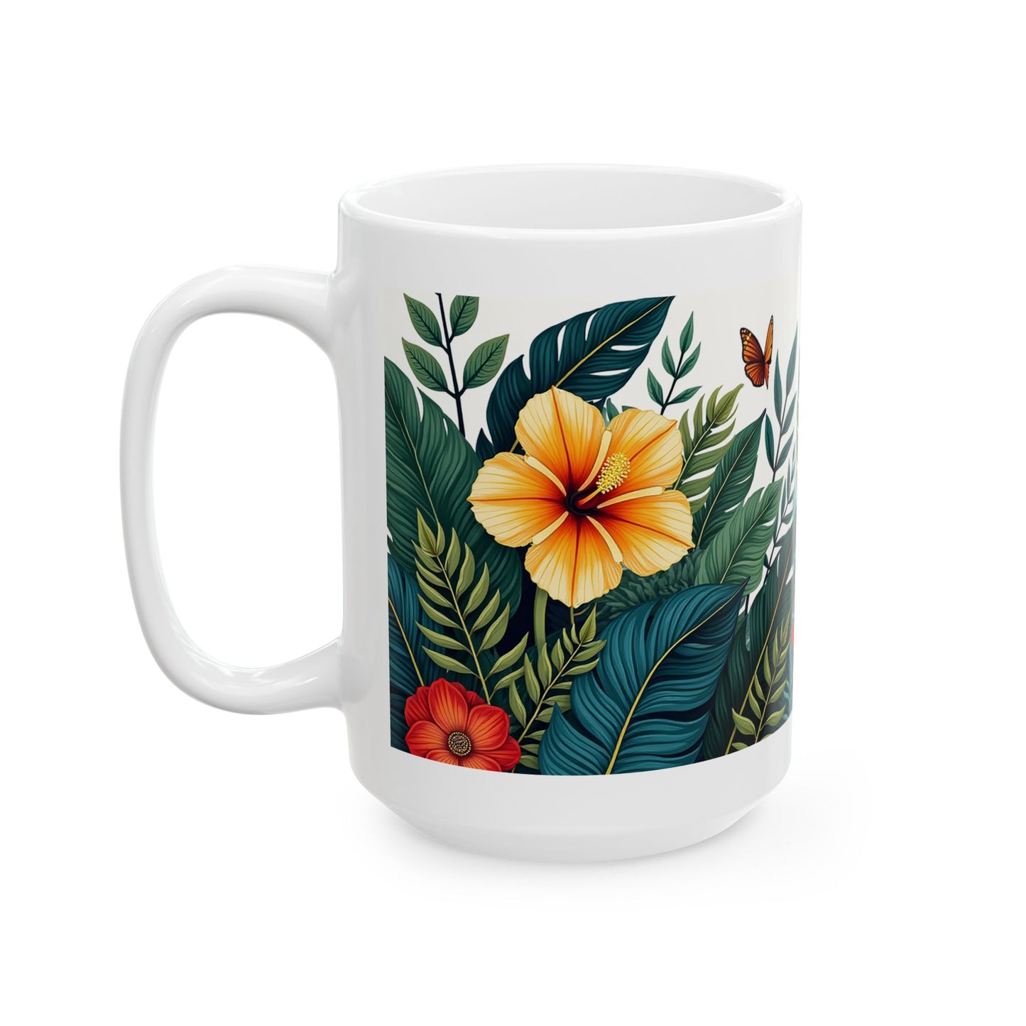Tropical Floral Mug 2 - Hibiscus, Butterfly and Foliage