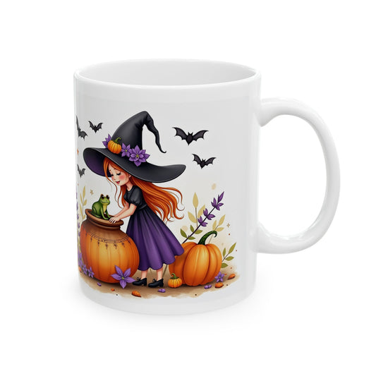 Halloween Witch Ceramic Mug - Witch, Frogs, Bats, and Cats.