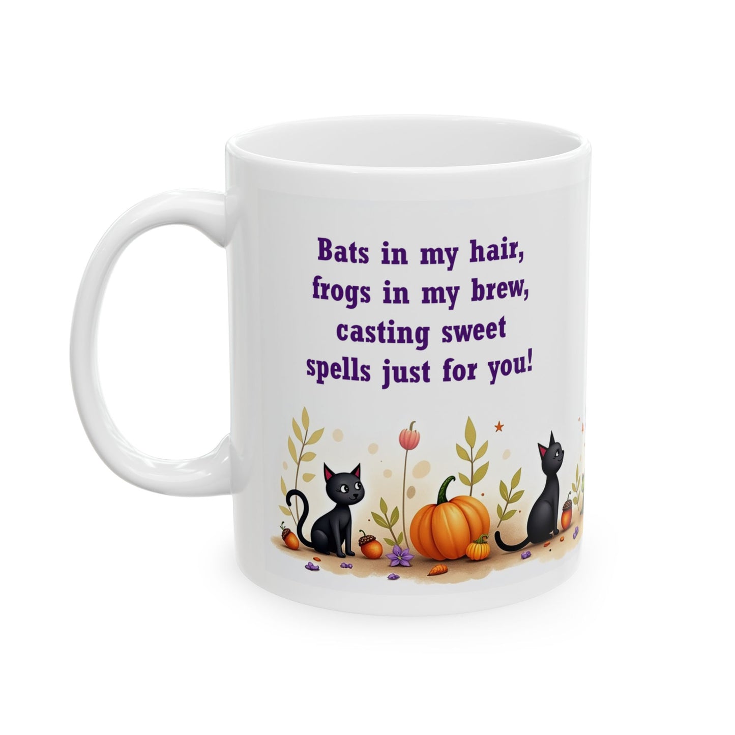 Halloween Witch Ceramic Mug - Witch, Frogs, Bats, and Cats.
