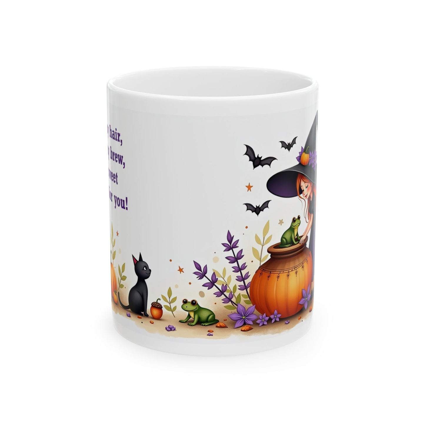 Halloween Witch Ceramic Mug - Witch, Frogs, Bats, and Cats.