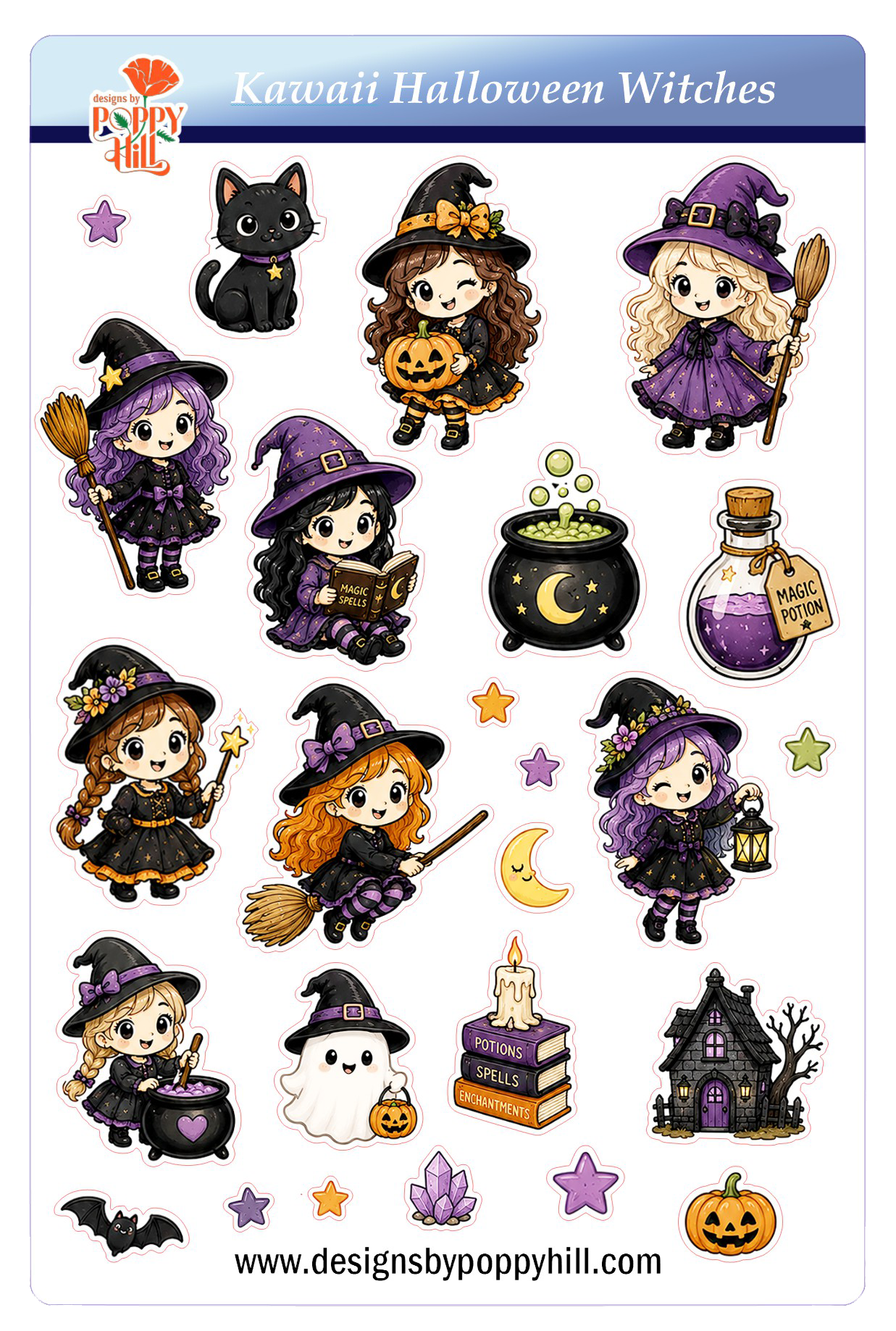 Sticker Sheet - Kawaii Halloween Witches