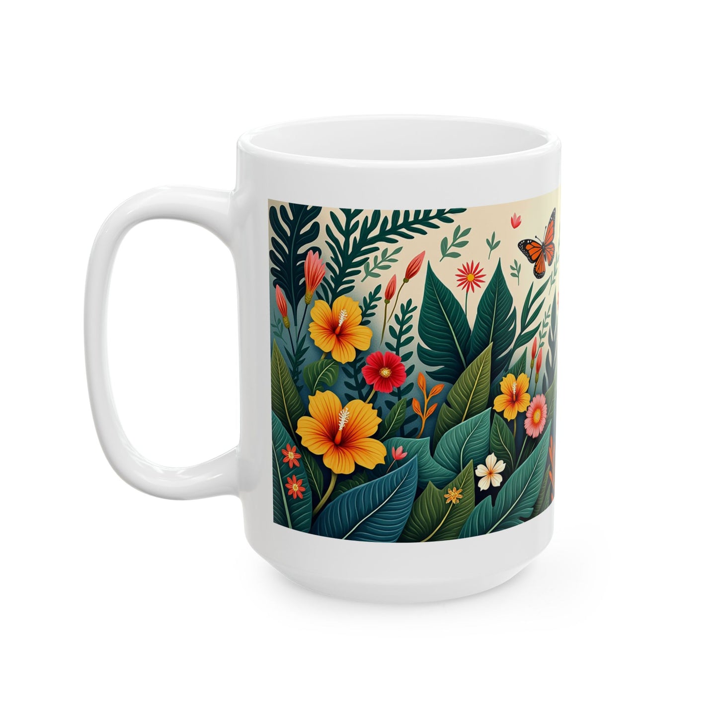 Tropical Floral Mug 3 - Hibiscus, Butterfly and Foliage