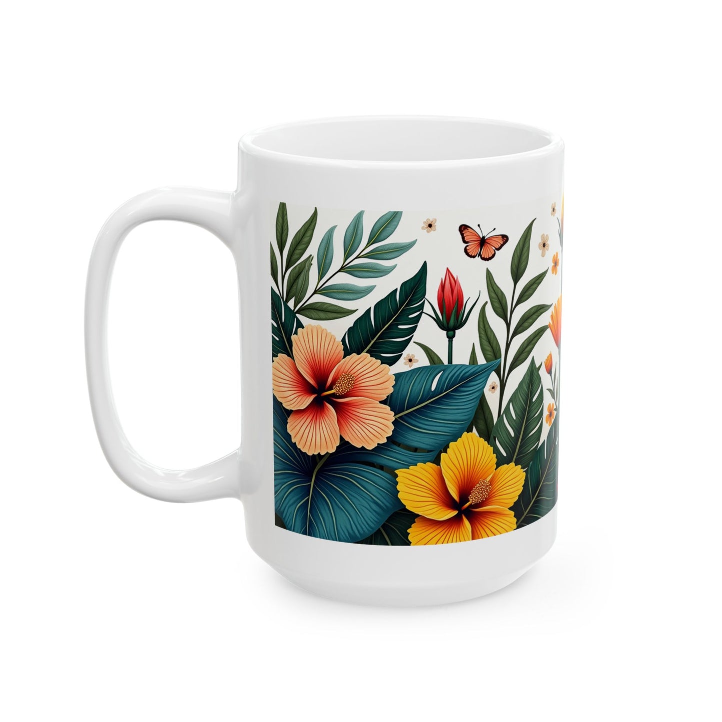 Tropical Floral Mug 1 - Hibiscus, Butterfly and Foliage