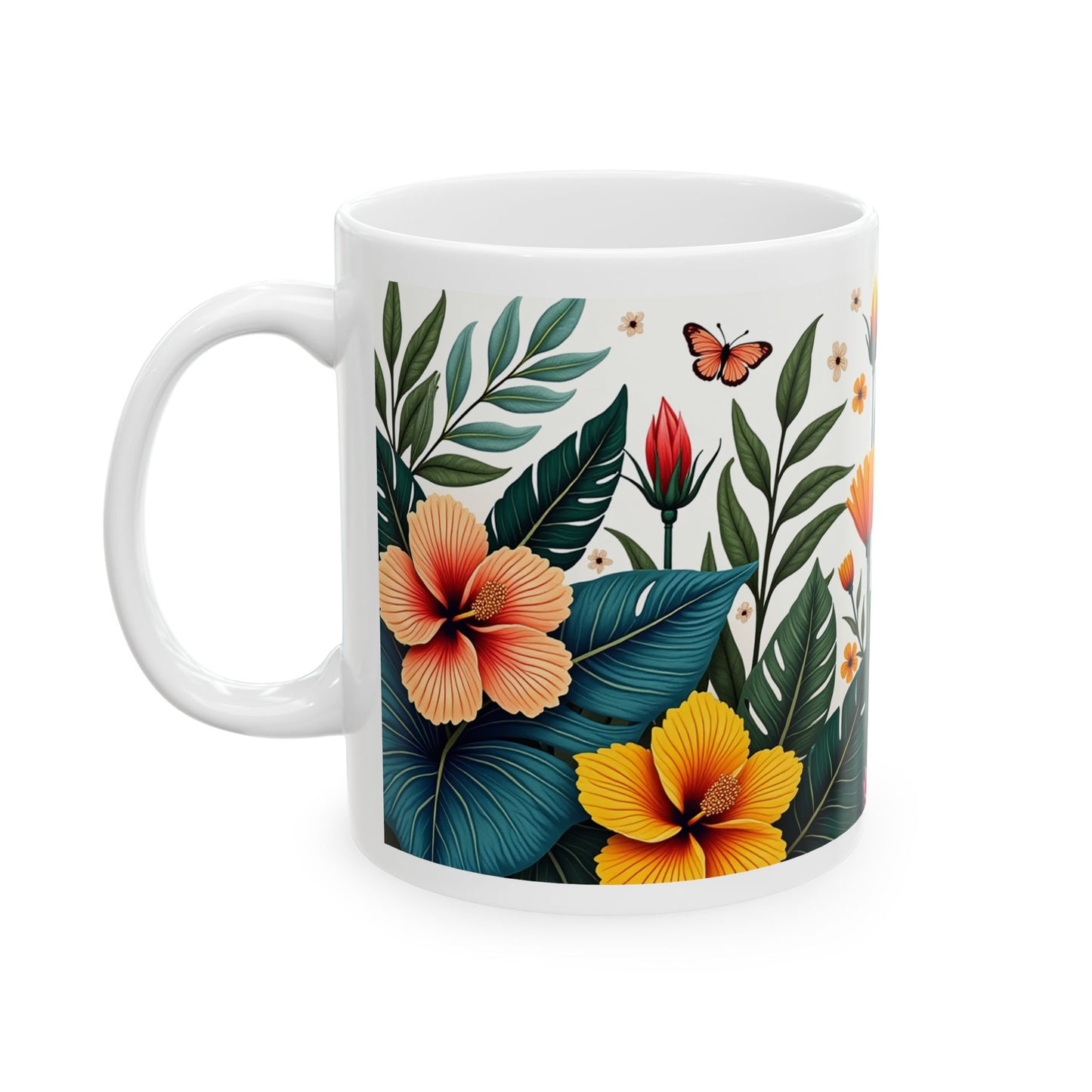 Tropical Floral Mug 1 - Hibiscus, Butterfly and Foliage