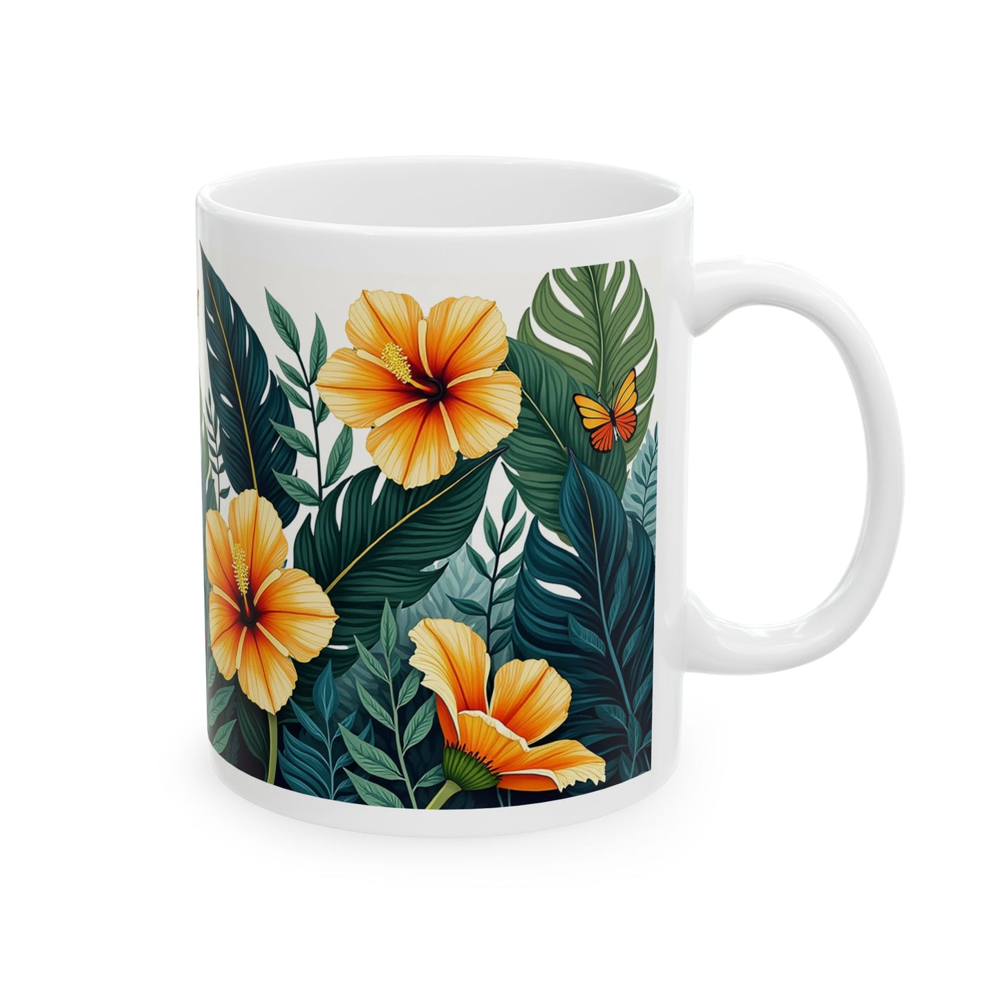 Tropical Floral Mug 2 - Hibiscus, Butterfly and Foliage