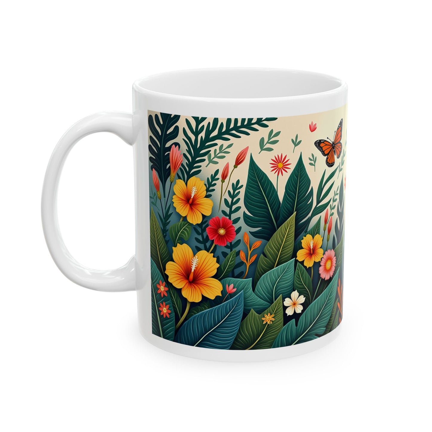Tropical Floral Mug 3 - Hibiscus, Butterfly and Foliage