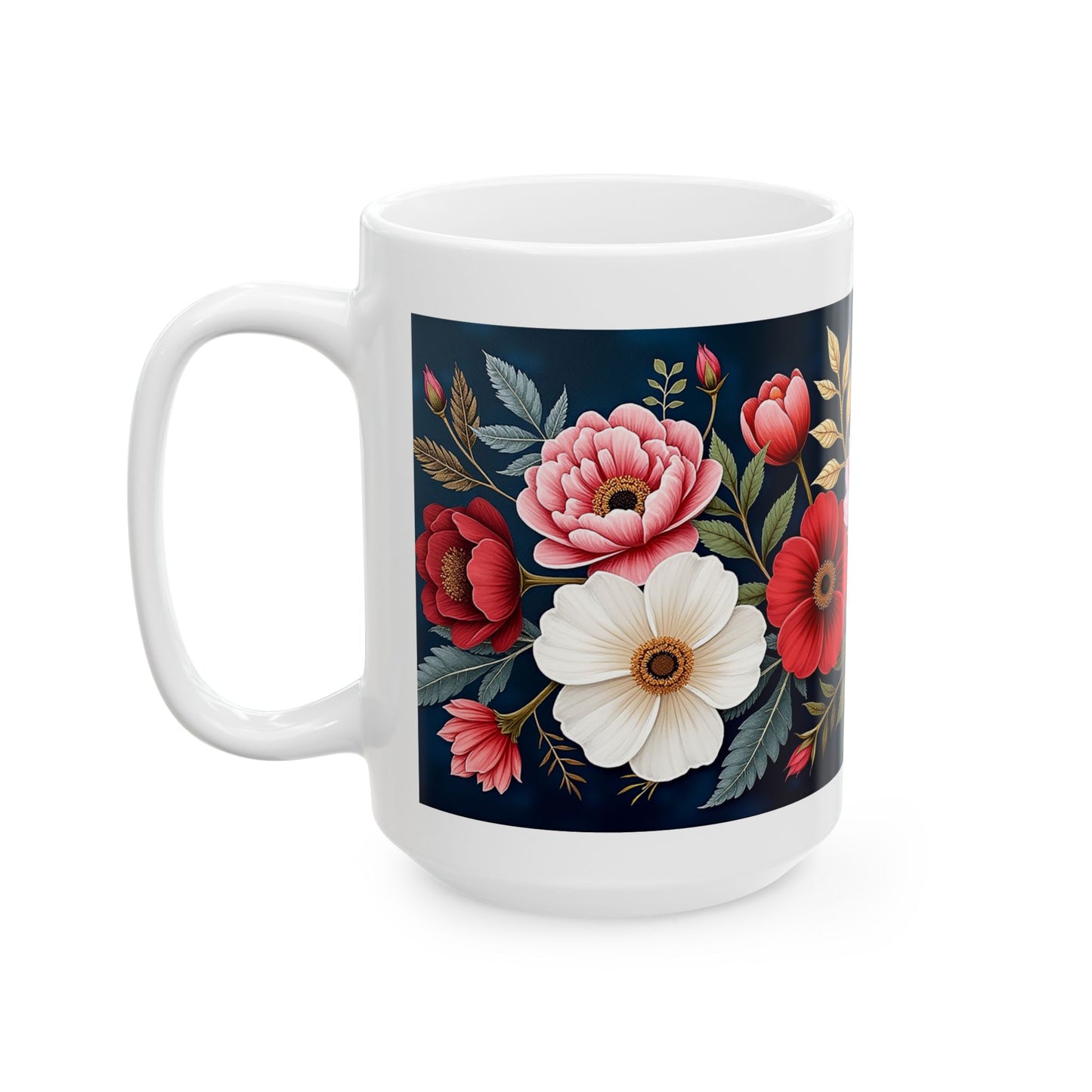 Floral Ceramic Mug - Colorful Flower Design Wraps around the Mug