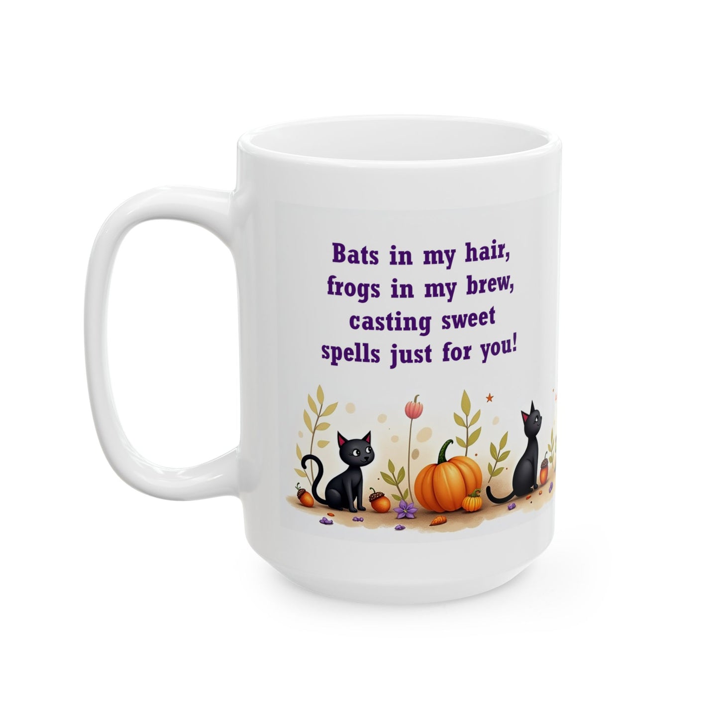 Halloween Witch Ceramic Mug - Witch, Frogs, Bats, and Cats.