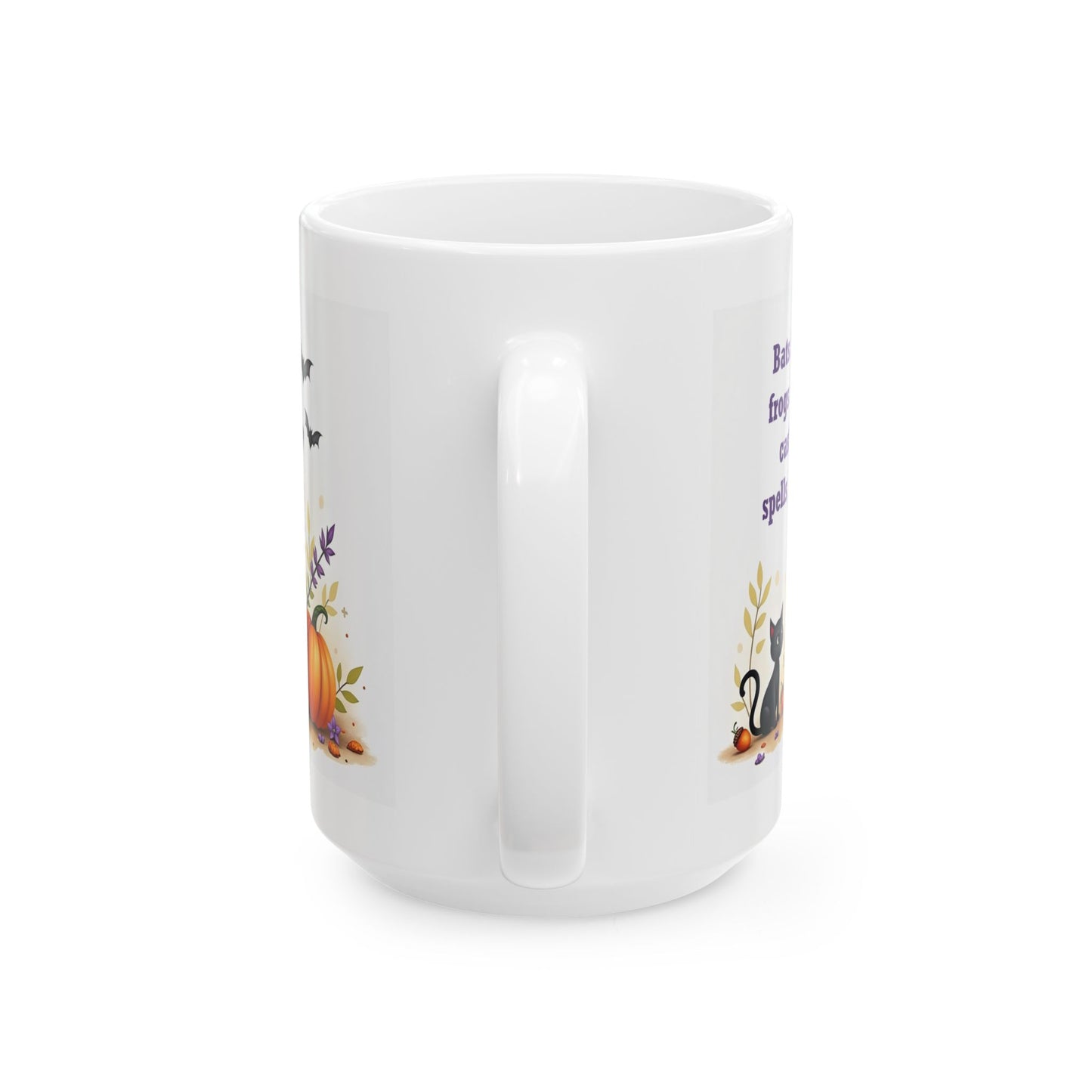 Halloween Witch Ceramic Mug - Witch, Frogs, Bats, and Cats.