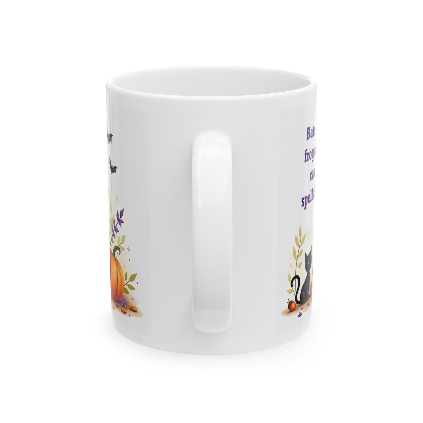 Halloween Witch Ceramic Mug - Witch, Frogs, Bats, and Cats.