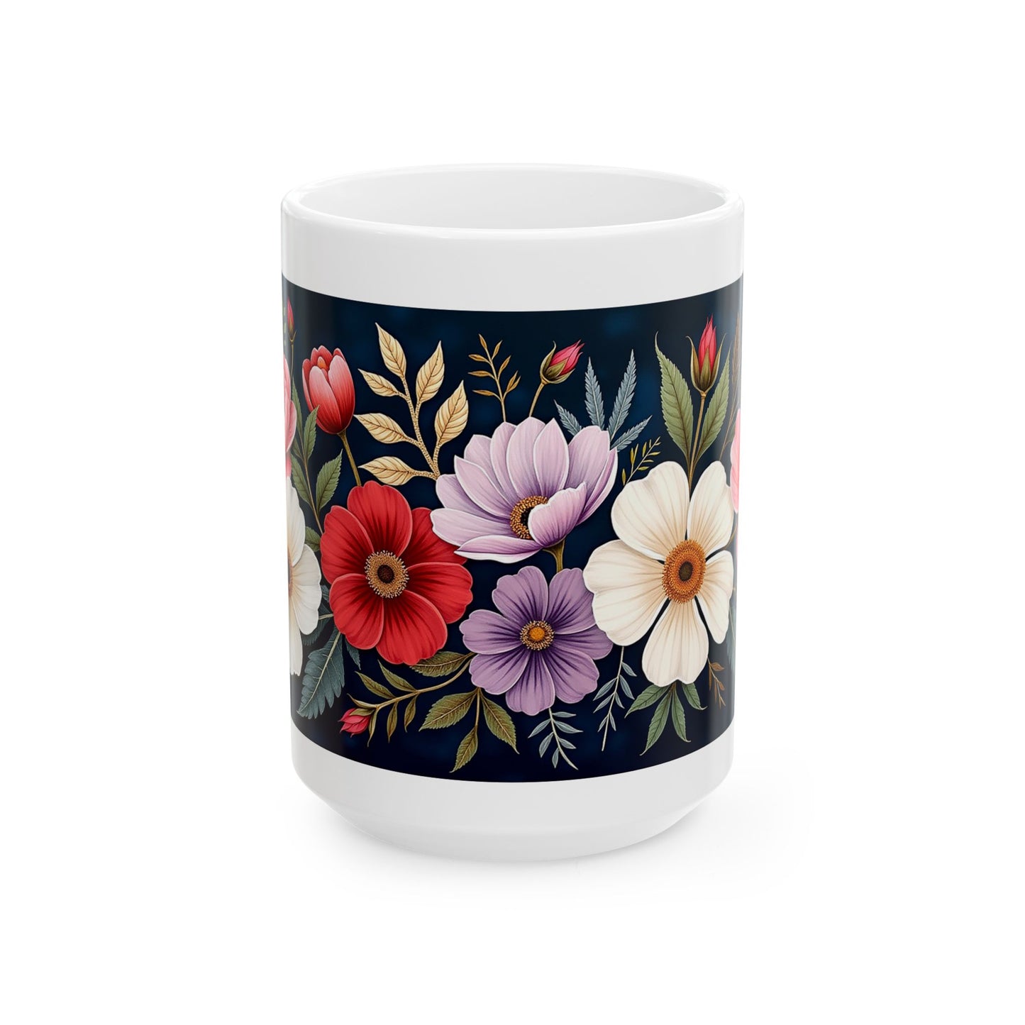 Floral Ceramic Mug - Colorful Flower Design Wraps around the Mug