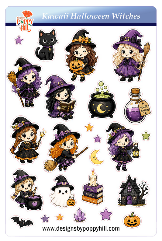 Sticker Sheet - Kawaii Halloween Witches