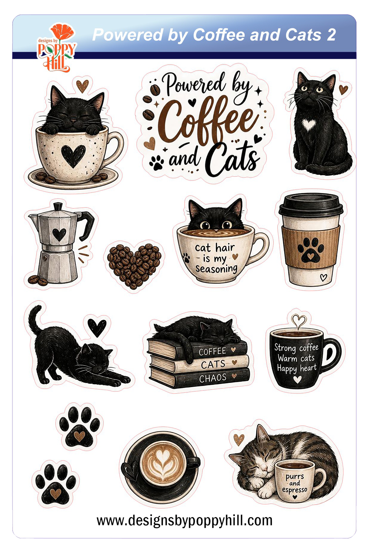 Sticker Sheet - Powered by Coffee and Cats 2