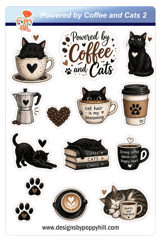 Sticker Sheet - Powered by Coffee and Cats 2