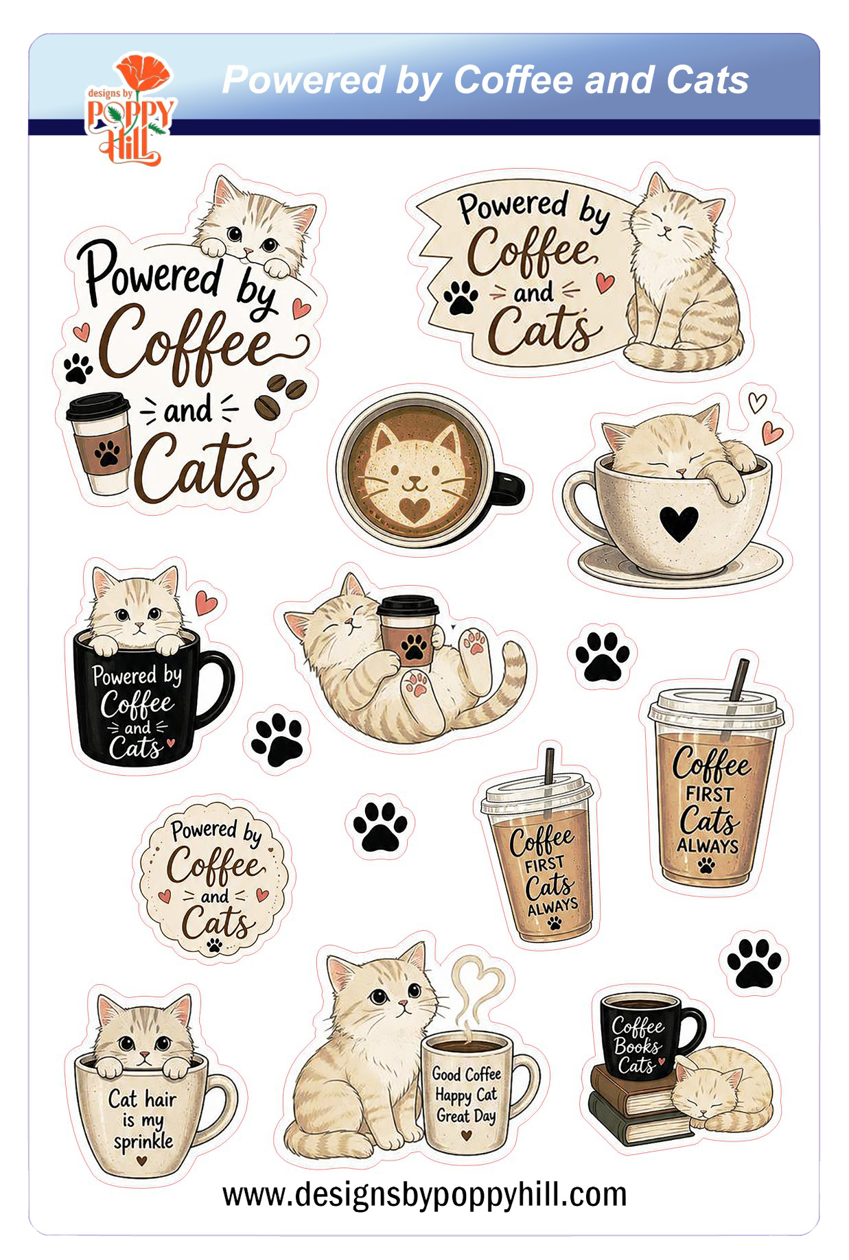 Sticker Sheet - Powered by Coffee and Cats