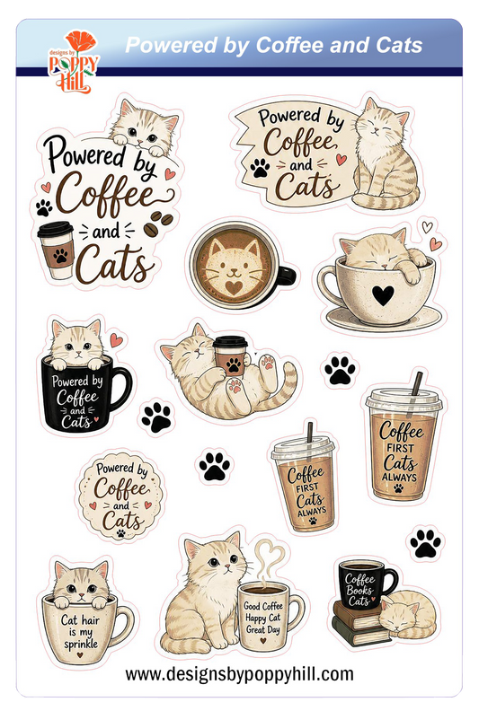Sticker Sheet - Powered by Coffee and Cats