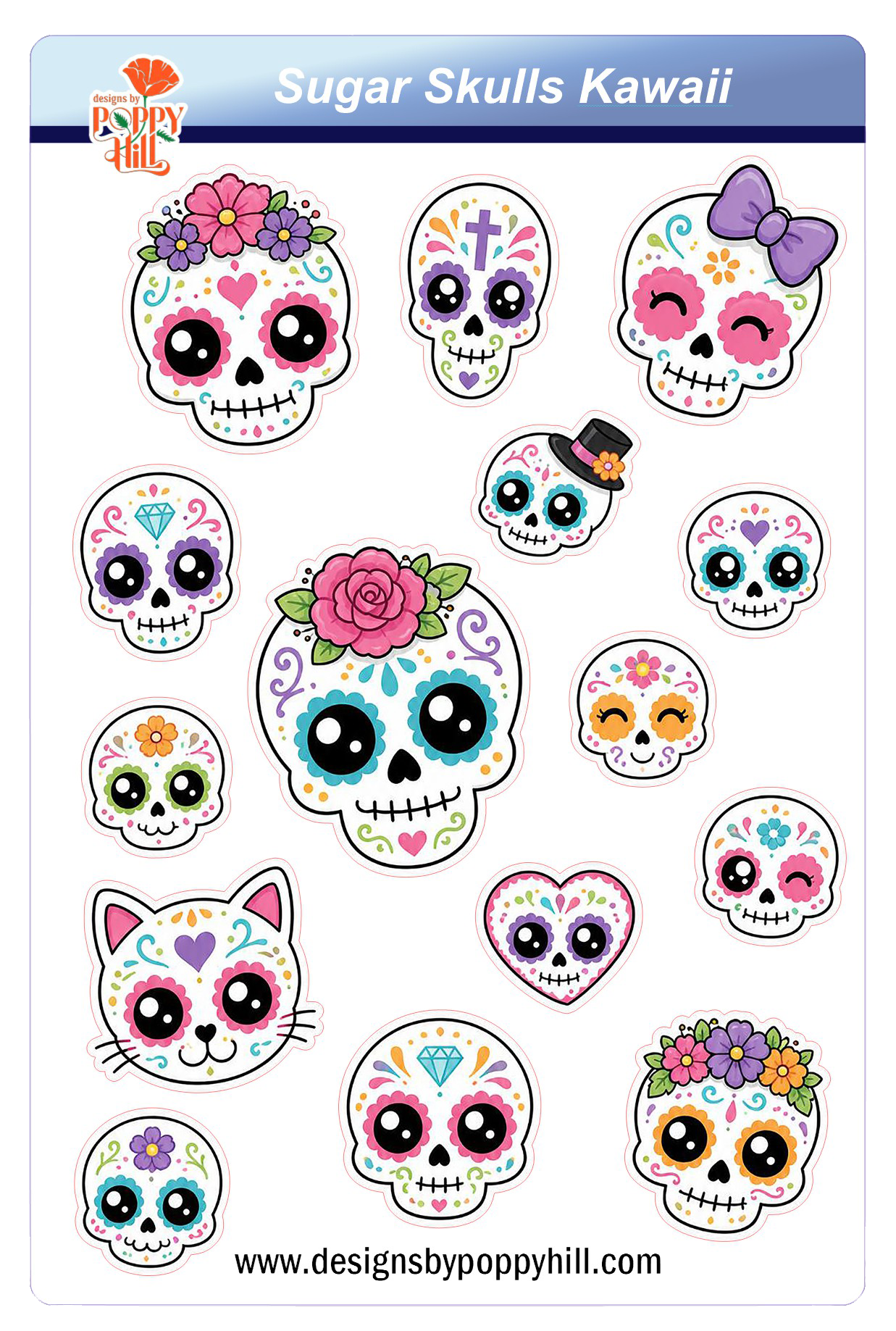 Sticker Sheet - Sugar Skulls Kawaii Style