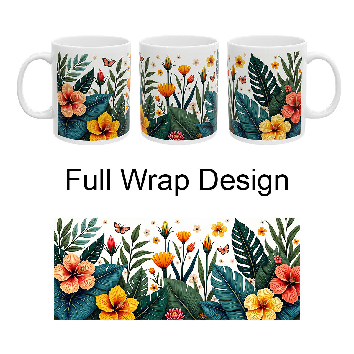 Tropical Floral Mug 1 - Hibiscus, Butterfly and Foliage