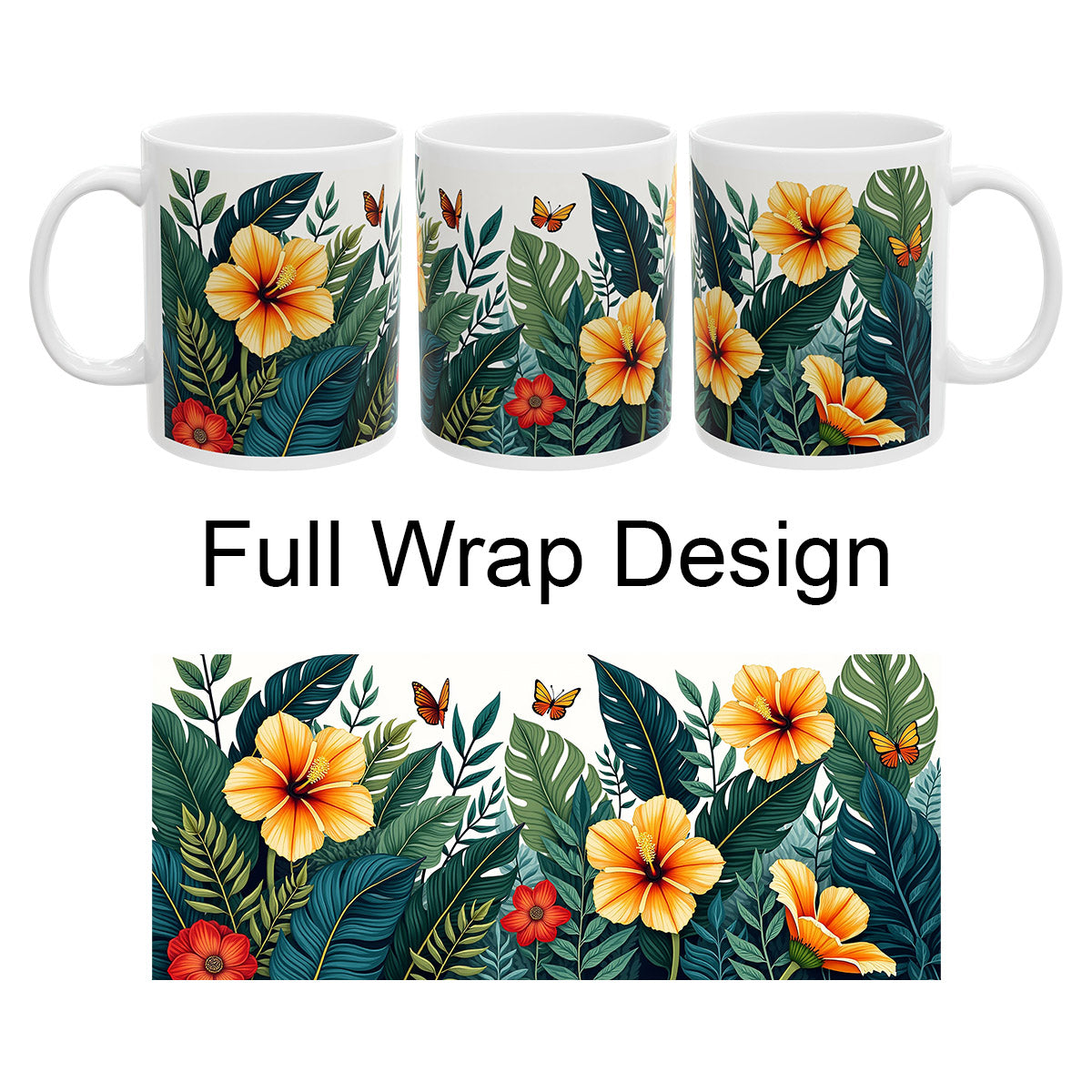 Tropical Floral Mug 2 - Hibiscus, Butterfly and Foliage